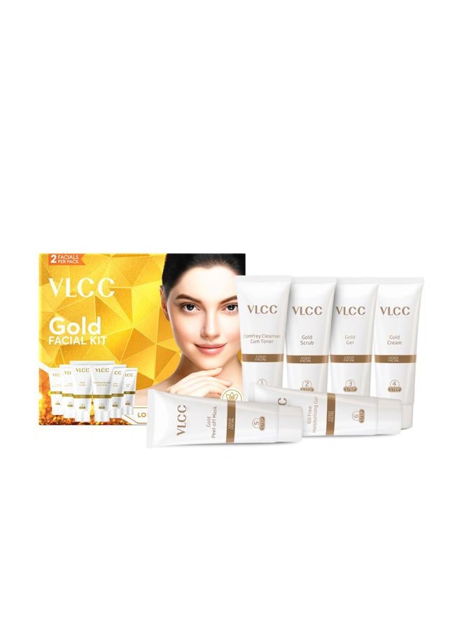 VLCC Gold Facial Kit for Bright & Glowing Skin 60g | 6-Step Facial Kit with Gold Infused Products | Cleanser, Scrub, Gel, Cream, Peel-Off Mask, & Moisturizing Gel | Instant Glow & Hydration. - Image 3